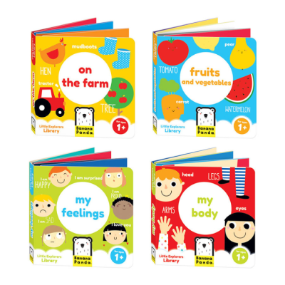 Quatro livros infantis coloridos com títulos e ilustrações variadas