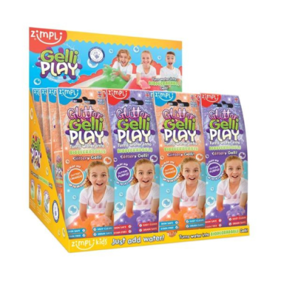 Expositor colorido de brinquedos Gelli Play com crianças sorrindo e instruções em inglês