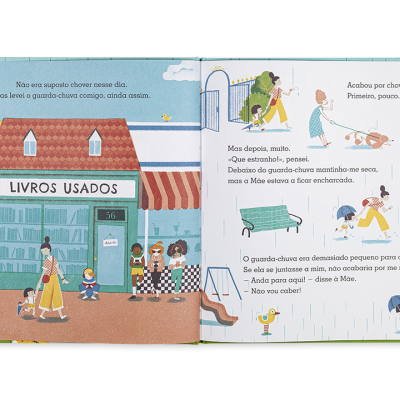 Livro ilustrado aberto mostrando livraria 'LIVROS USADOS' e pessoas num cenário urbano colorido.