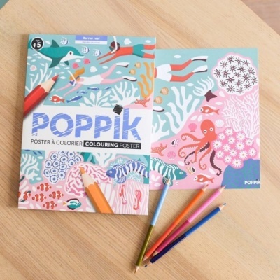 Poster para colorir Poppik com desenhos subaquáticos e lápis de cor