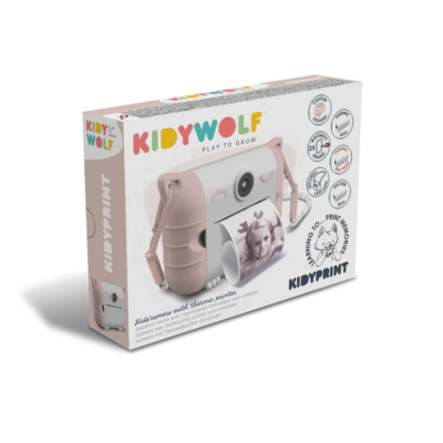 Caixa de câmara fotográfica infantil branca e rosa com impressora térmica da marca KIDYWOLF.