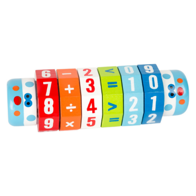 Brinquedo educativo de madeira com números e símbolos matemáticos coloridos