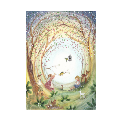 Ilustração infantil com crianças, animais e árvores numa floresta encantada