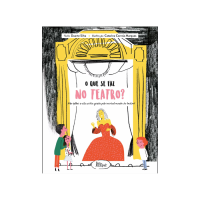 Capa de livro com ilustração de palco de teatro, atriz e crianças.