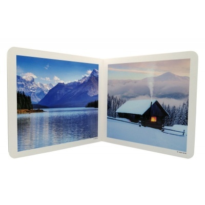 Quadro duplo com paisagens naturais em lago e montanha e casa na neve