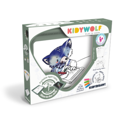 Embalagem do jogo KIDYWOLF Starter Kit com desenho de lobo azul a desenhar