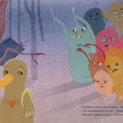 Ilustração colorida de várias criaturas caricaturais numa floresta com texto em português