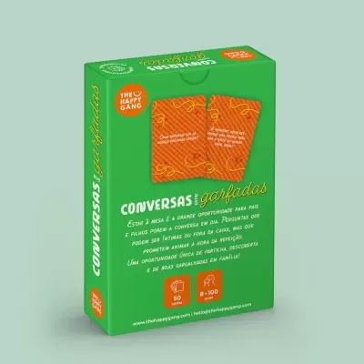 Caixa verde do jogo Conversas Garfadas da marca The Happy Gang com cartão ilustrado.
