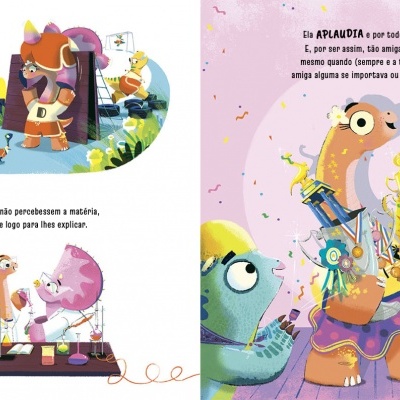 Ilustração de dinossauros caricaturescos coloridos com textos em português