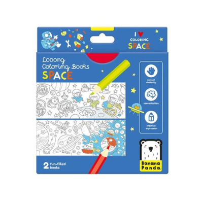 Livro de colorir de espaço com duas páginas e lápis coloridos numa embalagem azul