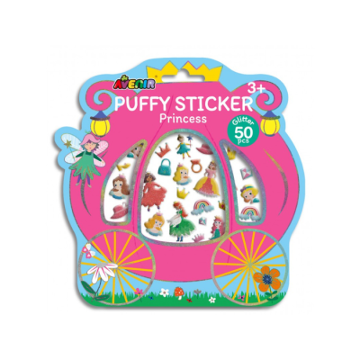 Pacote de autocolantes em puff temática princesa em embalagem de carruagem cor-de-rosa e azul