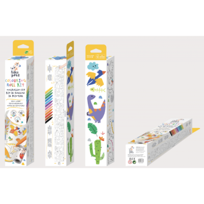 Kit de pintura colorida com lápis e rolo para pintar, embalagem com desenhos de animais e plantas coloridas.