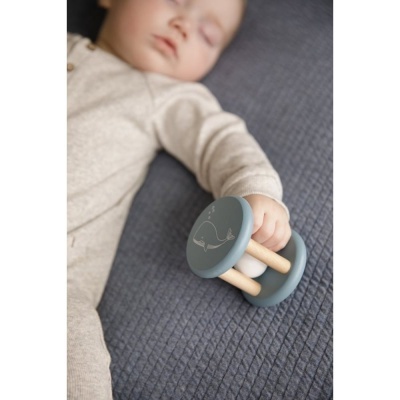Bebé adormecido com brinquedo de madeira e silicone azul com desenho de baleia