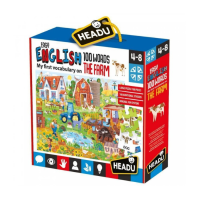 Caixa colorida de jogo educativo Easy English 100 Words The Farm com ilustração de quinta e texto em inglês e português.