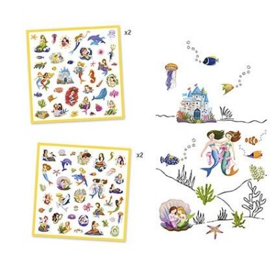 Folhas de autocolantes e cena subaquática com sereias e peixes