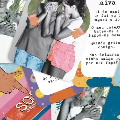 Colagem colorida com crianças, mãos e texto em português