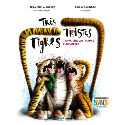 Capa de livro infantil com três tigres animados e texto colorido