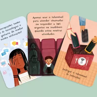 Três cartas ilustradas com texto sobre uso consciente do telemóvel