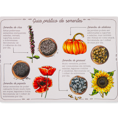 Ilustrações de sementes e plantas com texto explicativo em português