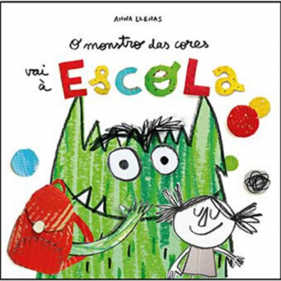 Capa do livro infantil com um monstro verde e uma menina, com texto colorido