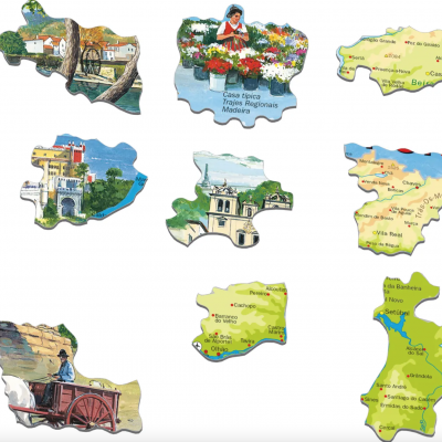 Ímanes de lembrança com formas de mapas e imagens culturais diversas