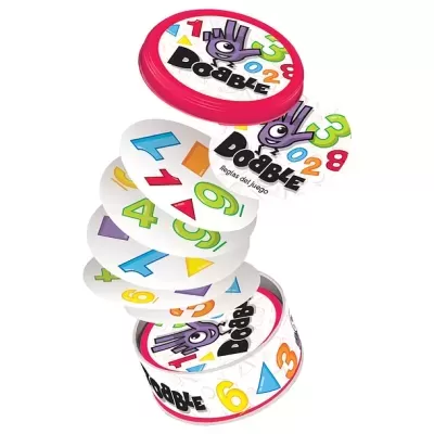 Jogo cartas Dobble com números e símbolos coloridos dentro de lata metálica