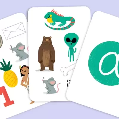 Cartas ilustradas com desenhos de animais e objetos variados