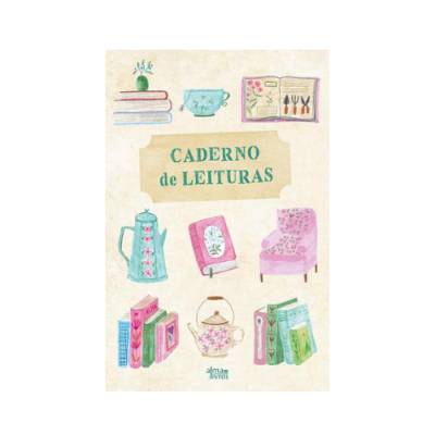 Caderno 'CADERNO de LEITURAS' com desenhos de livros, chávenas, jarra, cadeira rosa e bule floral