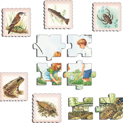 Peças de puzzle infantil com ilustrações de animais e crianças ao ar livre.