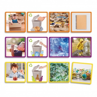 Montagem de imagens com crianças e materiais recicláveis como papel, plástico, vidro, metal e símbolos de reciclagem