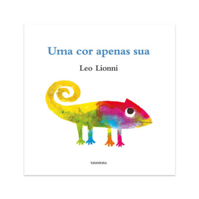 Capa de livro com camaleão colorido e texto em português.