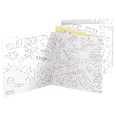 Livro para colorir sistema solar com ilustrações de planetas e astronautas