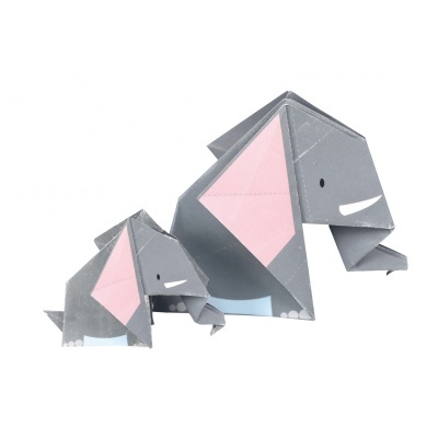 Dois elefantes de origami cinzentos com detalhes rosa