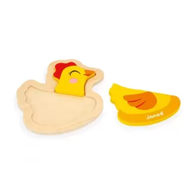 Puzzle infantil em madeira em forma de galinha com peças amarelas e vermelhas