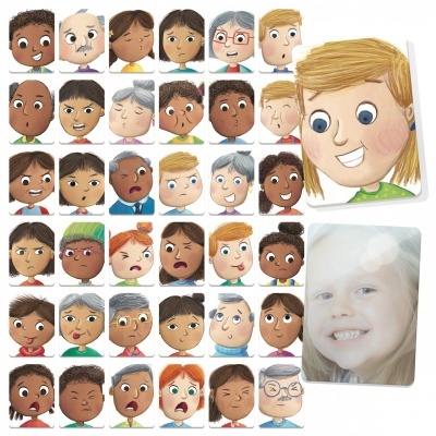 Ilustrações de rostos diversos e duas fotos com molduras brancas de personagens sorridentes