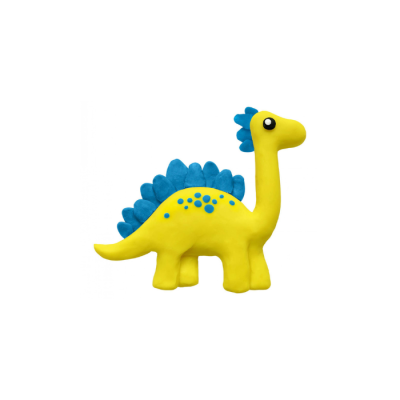 Brinquedo de peluche amarelo em forma de dinossauro com detalhes azuis