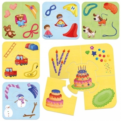 Peças de puzzle infantis coloridas com desenhos de brinquedos, pessoas, animais, veículos e bolo