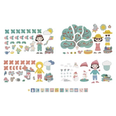 Conjuntos de autocolantes infantis coloridos com personagens e elementos temáticos