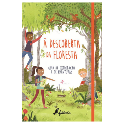 Capa ilustrada de livro À Descoberta da Floresta com crianças numa floresta verde e elástico vermelho