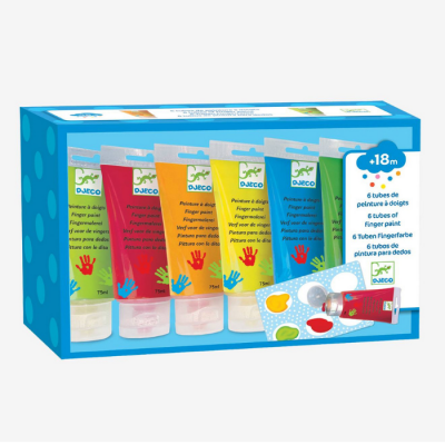 Conjunto Djeco de 6 tubos de tinta para dedos em várias cores com embalagem azul