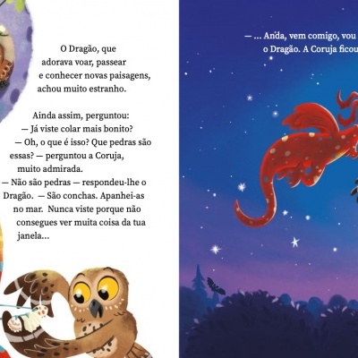 Ilustração colorida de livro infantil com dragão vermelho, coruja, texto em português, fundo noturno e mar.