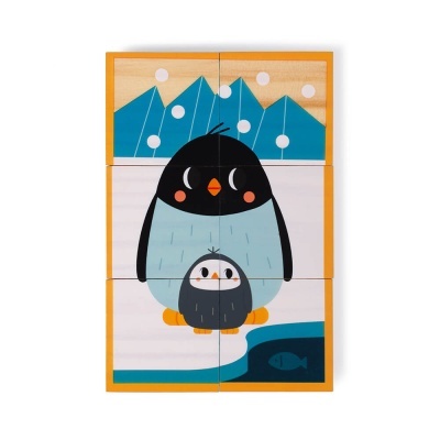 Puzzle de madeira infantil com pinguins e montanhas