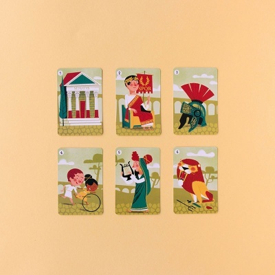 Seis cartas ilustradas com temas da Roma antiga em fundo bege
