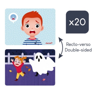 Ilustrações frente e verso de crianças com emoções, texto 'x20', 'Recto-verso Double-sided' e logótipo Janod