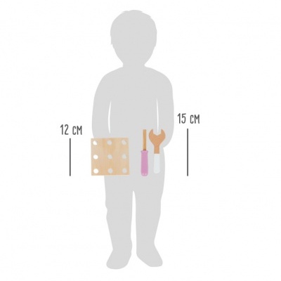 Silhueta de criança com uma peça de madeira e duas ferramentas, com medidas 12CM e 15CM