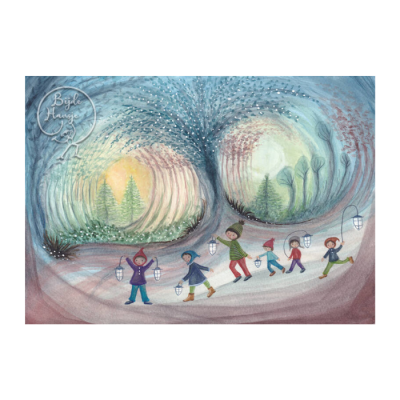 Ilustração colorida de crianças segurando lanternas num bosque abstrato