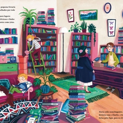 Ilustração colorida de livraria com livros, plantas, pessoas e decoração acolhedora