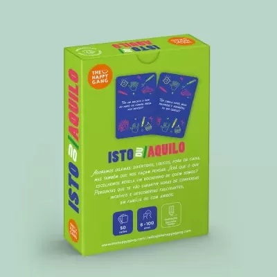 Caixa verde do jogo de cartas ISTO ou AQUILO com várias cores e imagens das cartas