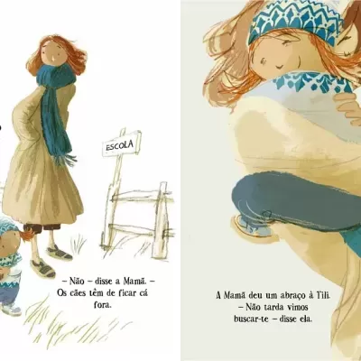 Ilustração de uma mulher e uma criança junto a placa 'ESCOLA' e criança recebendo abraço.