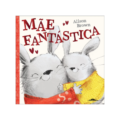 Capa de livro com dois coelhos abraçados e texto 